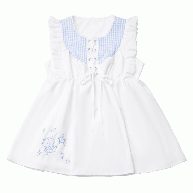 Flutter Sleeves Top and Plaid Seashell and Starfish Embroidery White Blue Front Lace-up