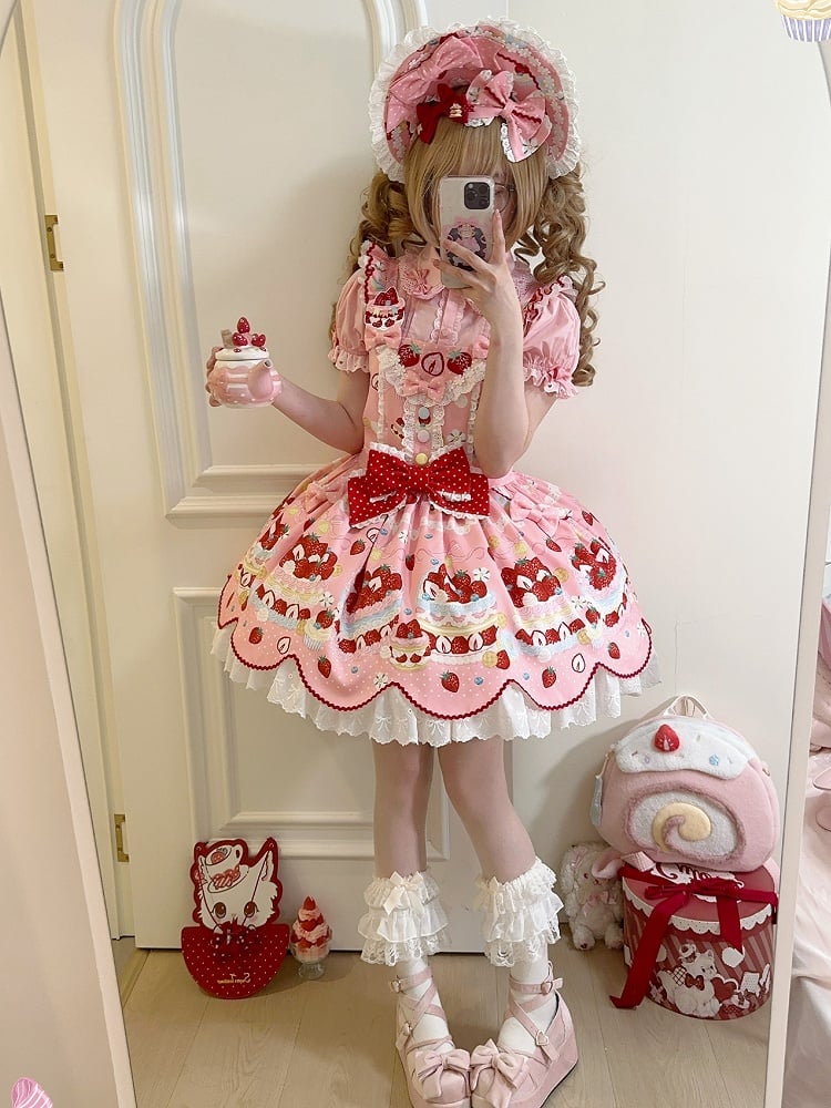 and Sweet Dessert Overall Pink Lolita Strawberry Dress Print