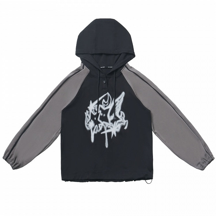 Hoodie Print Gray Colorblock Design and Star Loose Black