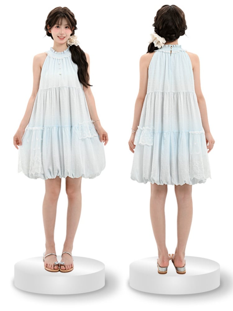 Light Skirt Buttons Sleeveless Dress Halter Neck Bubble Blue Ruffled Bead