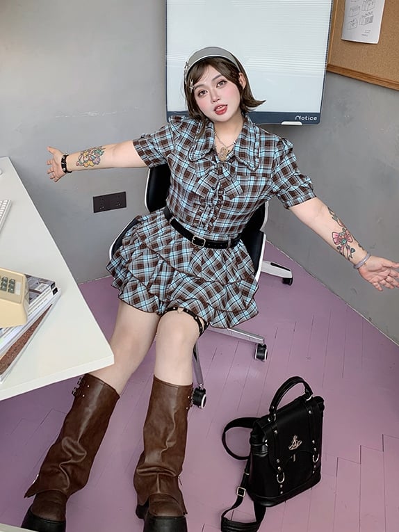 Plus Size Tiered Blue and Brown Plaid Blouse Preppy Style Sleeves Short Skirt /