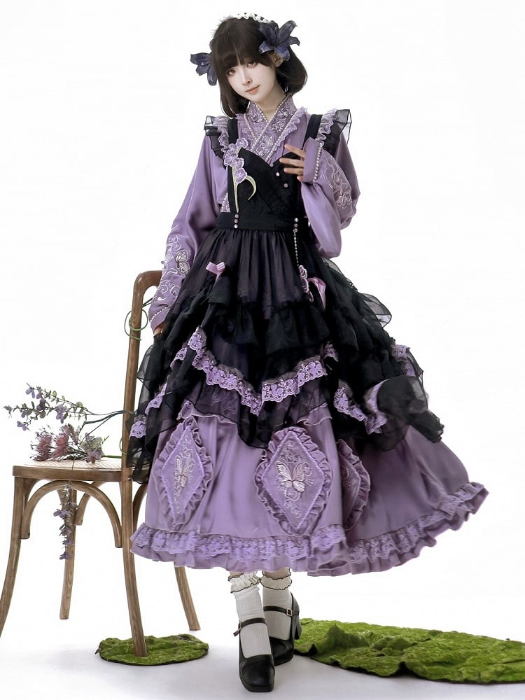 Delicate Butterfly Apron Lolita Dress Black Set Purple Han and Embroidery Full Floral +