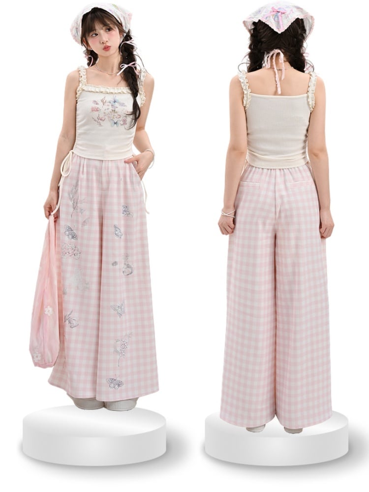 White Ruffled Waist Tank Top Square Neckline Butterfly Print Drawstring