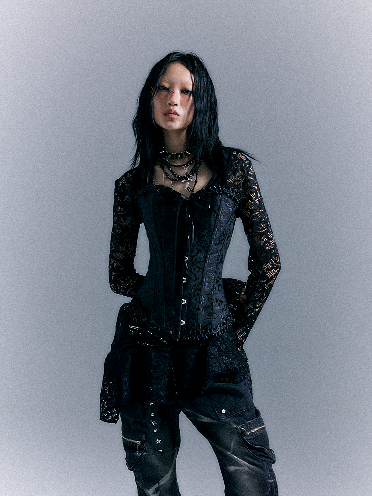 Floral Embroidered Corset with Lace Trim Punk Black