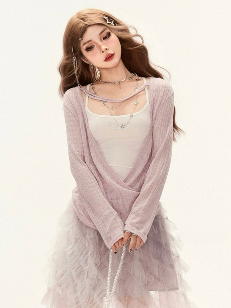 Cover-Up Cardigan Knit Protection Loose Purple V-Neck Sun Deep with