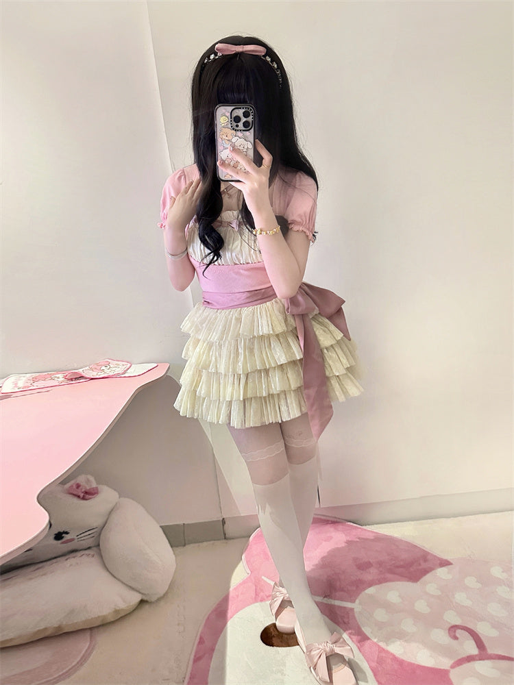 Beige Tulle Balletcore Self-tie Tiered Skirt Bow with