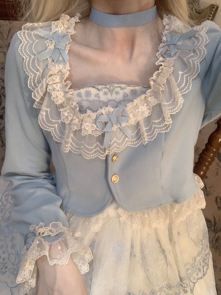 Autumn Trim Fashion Blue Accents Dusty Cropped Lolita Cardigan with Lace Bow and