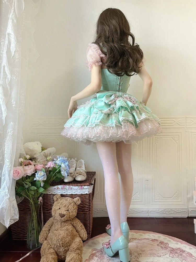 Lolita Dress Sweet Polka-dot Green Pink Heart Pattern Ruffled Heart Front Mint