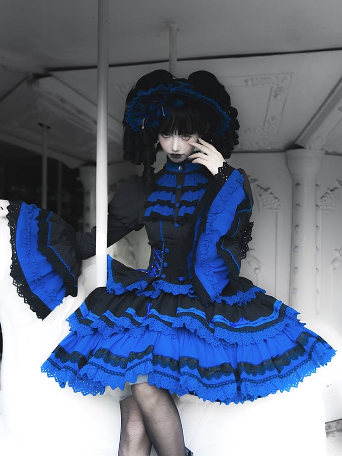 Blue Black Shirt and Klein Sleeves Gothic Bell Lolita
