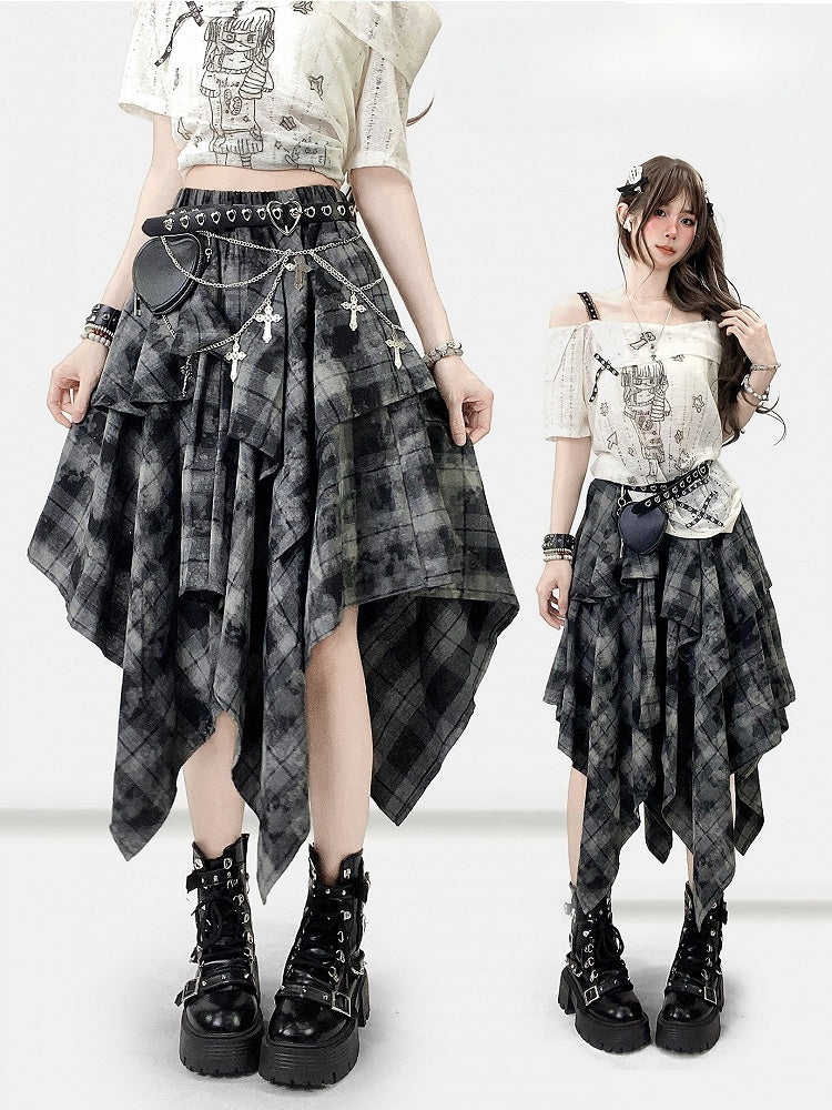 Handkerchief Dark Hem Plaid Skirt Pattern Bittersweet Gray