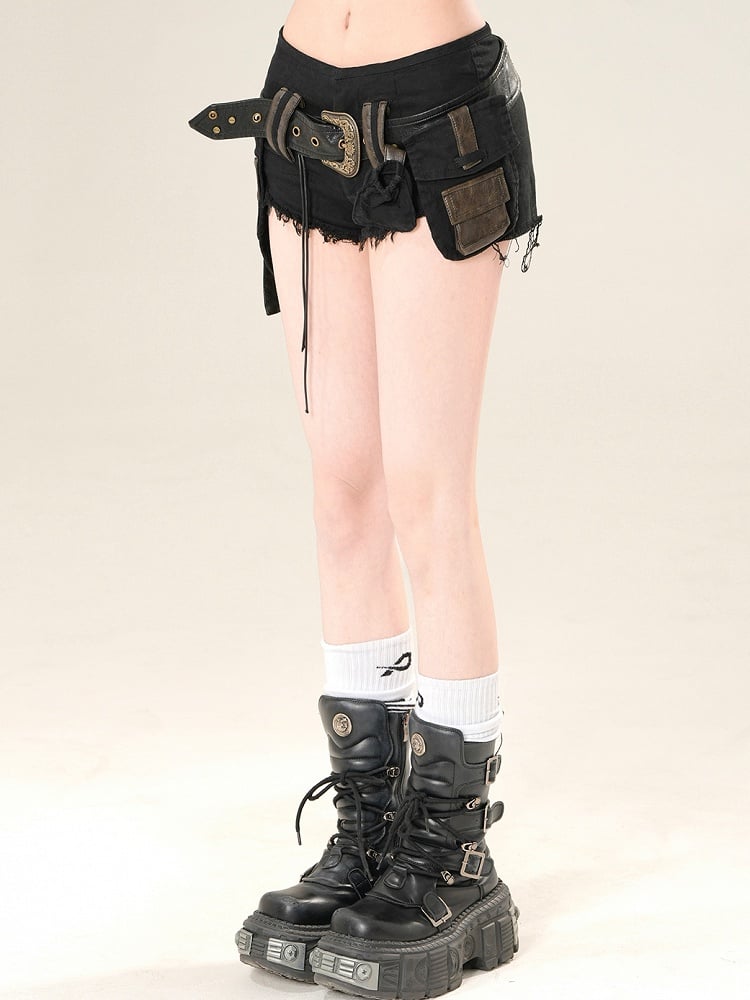 Waist Super Belt Rise Black Mini With Shorts Low