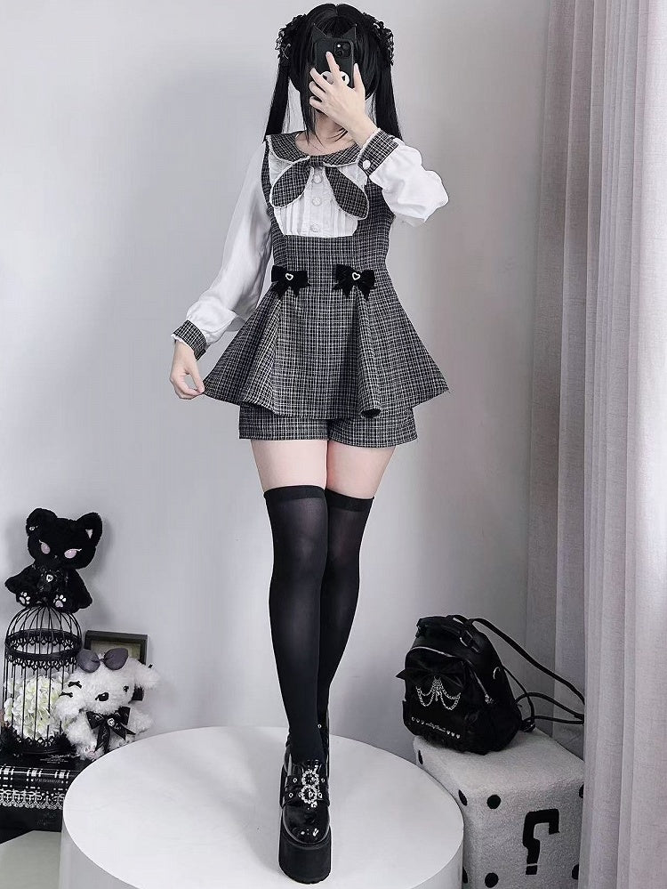 Bowknot Kei Plaid Details Jirai Black Outfit-Pleating Long + Top Shorts Sleeves Design