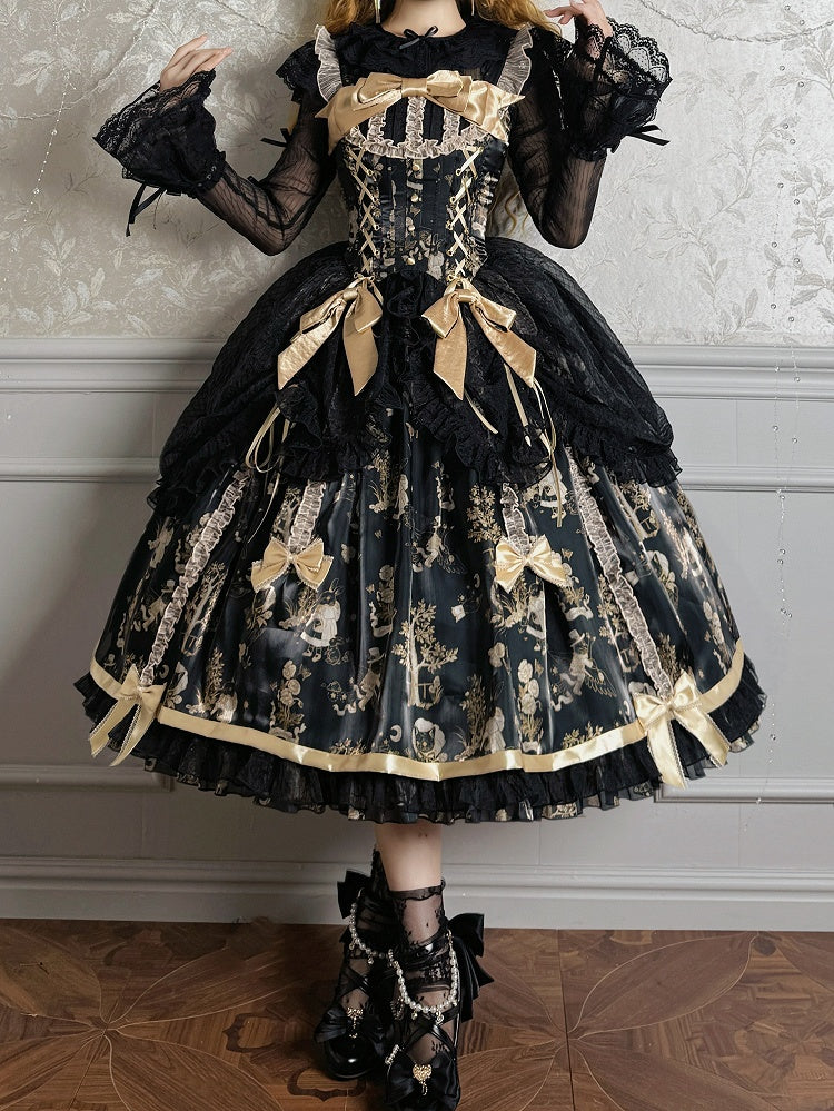 Waist Overlay Lolita and Drawstring Jumper Skirt Corset Black Gold