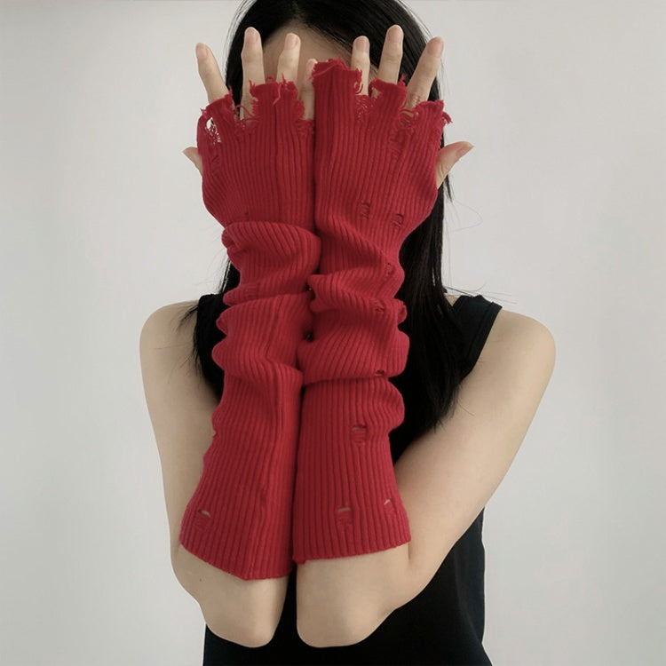 ダメージ加工の穴あき指なしニットロンググローブ