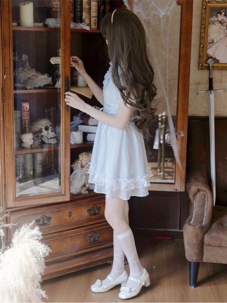 Collar Lace-up Waist Pan Jirai Kei Dress Light Blue Illusion Neckline Peter