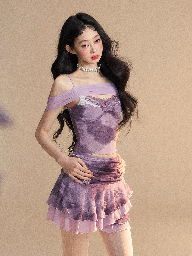 Neckline Butterfly Embroidery Top/Butterfly Accents Applique Glamorous Tiered Skirt Lavender Off-the-shoulder