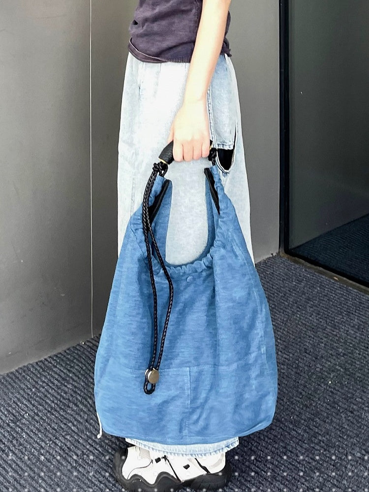 Denim Capacity Tote Shoulder Bag With Adjustable Braided Strap Blue Large