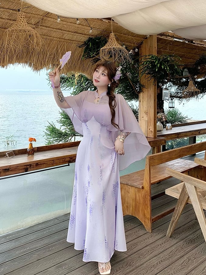 Qipao Design Dress Plus Size Cheongsam Style Purple Print Cape Wisteria