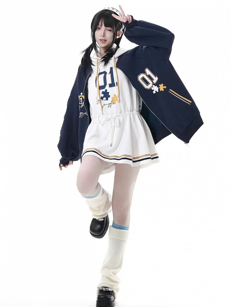 Dress with Yellow Drawstring Hem Hood,Blue Waist Striped Hoodie and Blokette Sleeveless White