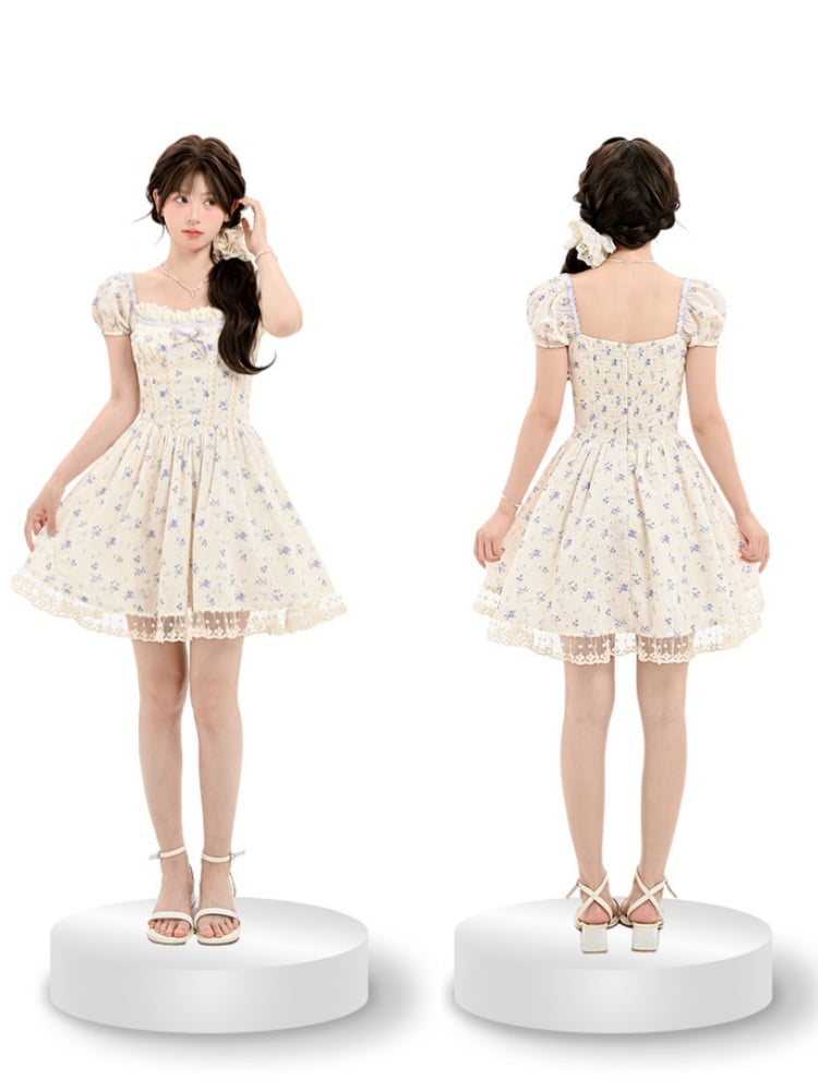 Kei Floral Dress Mori Beige Square Neckline and Short Puff Sleeves