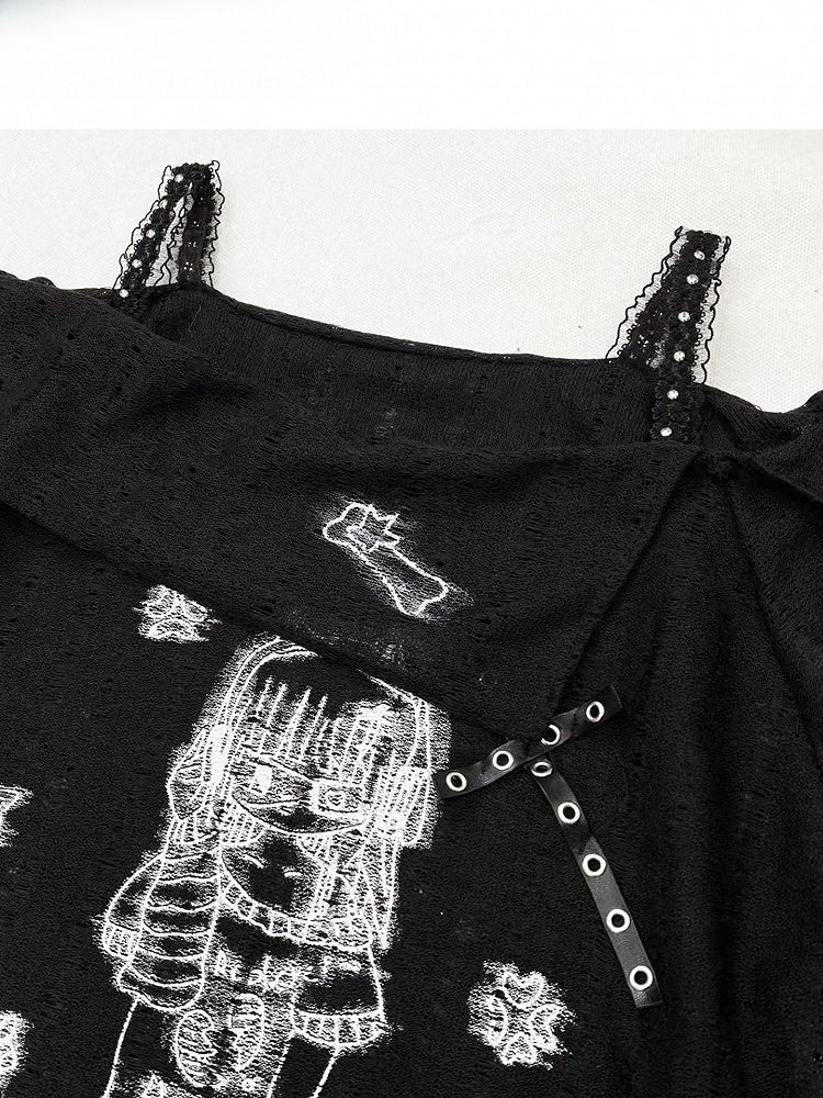 Mädchen Nieten T-Shirt Off-the-Shoulder Schwarz Details Print Cartoon Ausschnitt