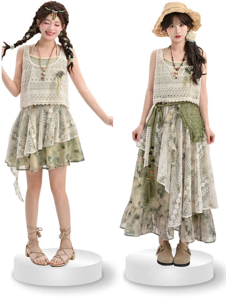Dye Lace Patchwork Design Long/Short Tie Skirt Version Kei Green Mori