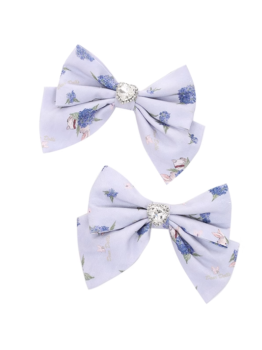 Purple Hydrangea Print Bow Hairclips Heart Rhinestone Light