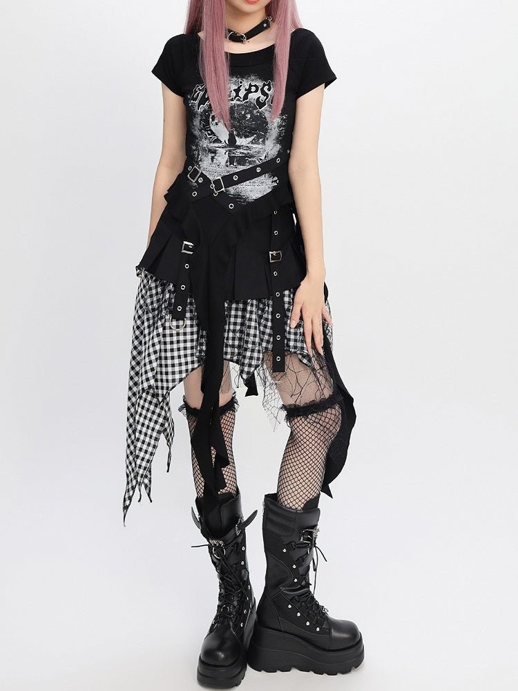 Y2K Blue/Black Criss-cross Design Cascading Ruffle Accents Moon T-shirt Print