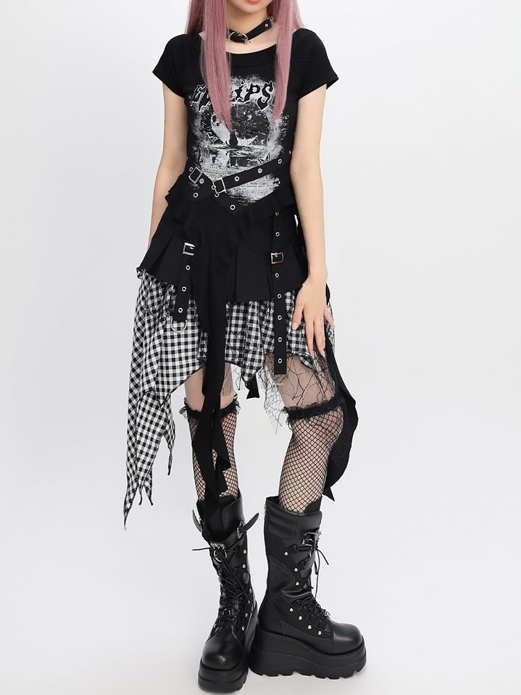 Handkerchief Hem Mesh Patchwork Y2K Black Blue/ White Plaid Skirt Black