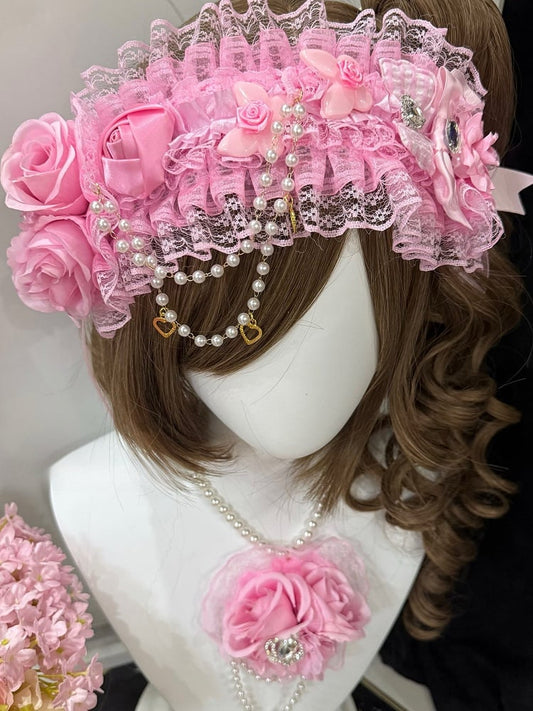 Beaded Charm Design Floral Hairband Heart Ruffled Pink And