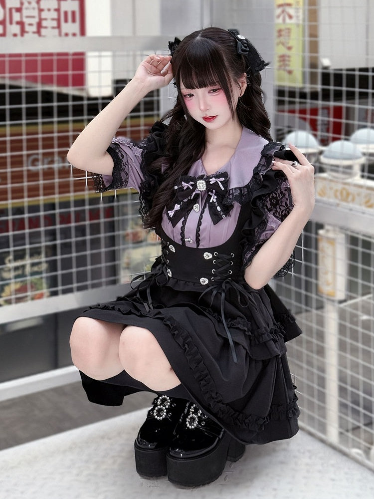 Set Schnür-Overall Rock Jirai Taille Kei Lila Peter Pan Kragen Bluse mit Schwarz