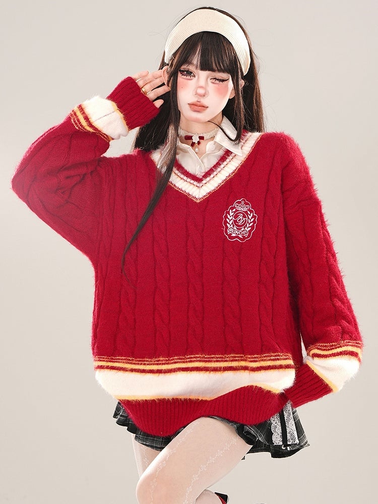 Roter, lockerer Pullover im Preppy-Stil mit V-Ausschnitt
