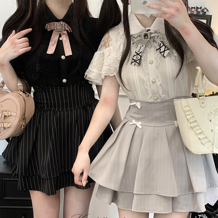 Jirai Kei Black/Blue/White Cutout Shoulder Cape Design Lace Blouse