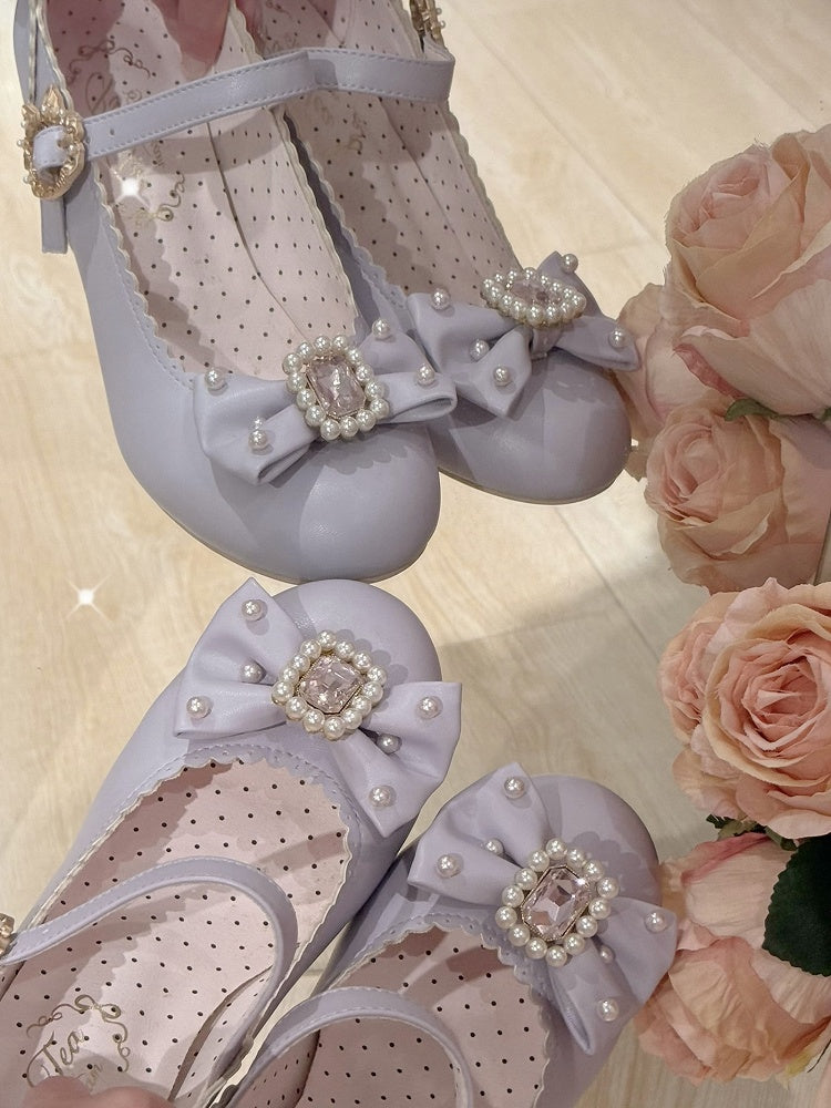 Janes Bowknot Lolita Details Perlen verziert Mary Strass Zehen rund und Schuhe lila