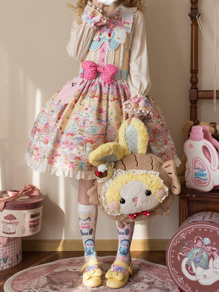 Desserts Gummy Sweet Dress Print and Overall Bear Yellow Lolita