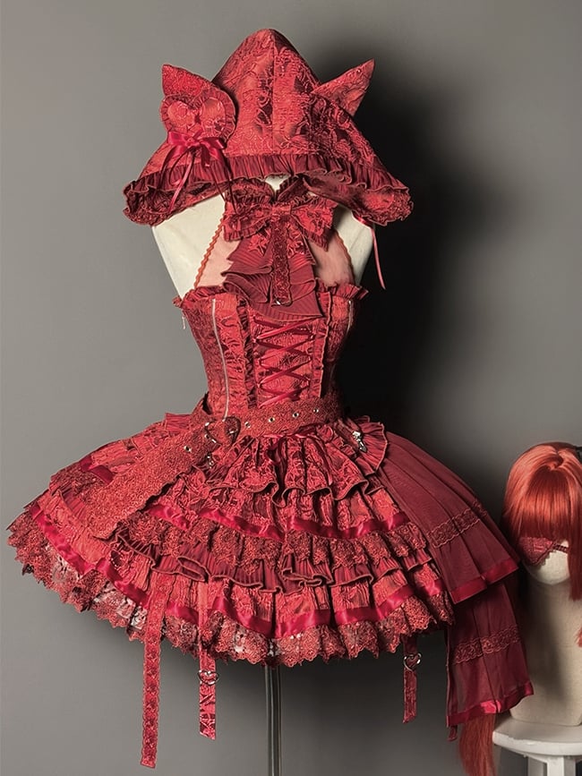 Neck Red + Lolita Tiered Full Top Set Halter Gothic Sleeveless Skirt
