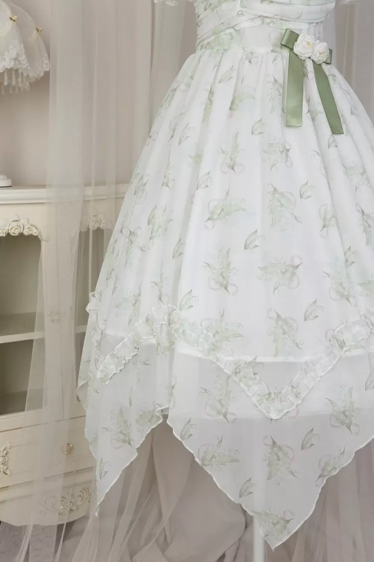 Light Green Lily of the Valley Print Handkerchief Hem Dress + Bolero