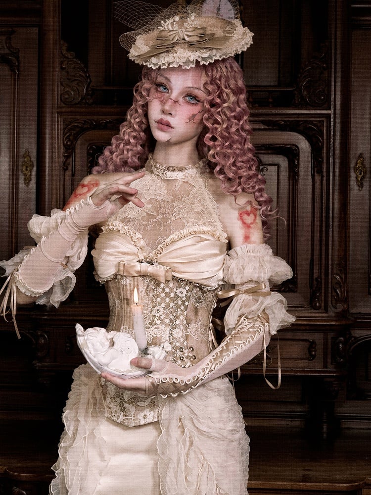 Neck Rococo Top Accents Cascading Detachable Illusion Ruffle Halter Corset with Lace