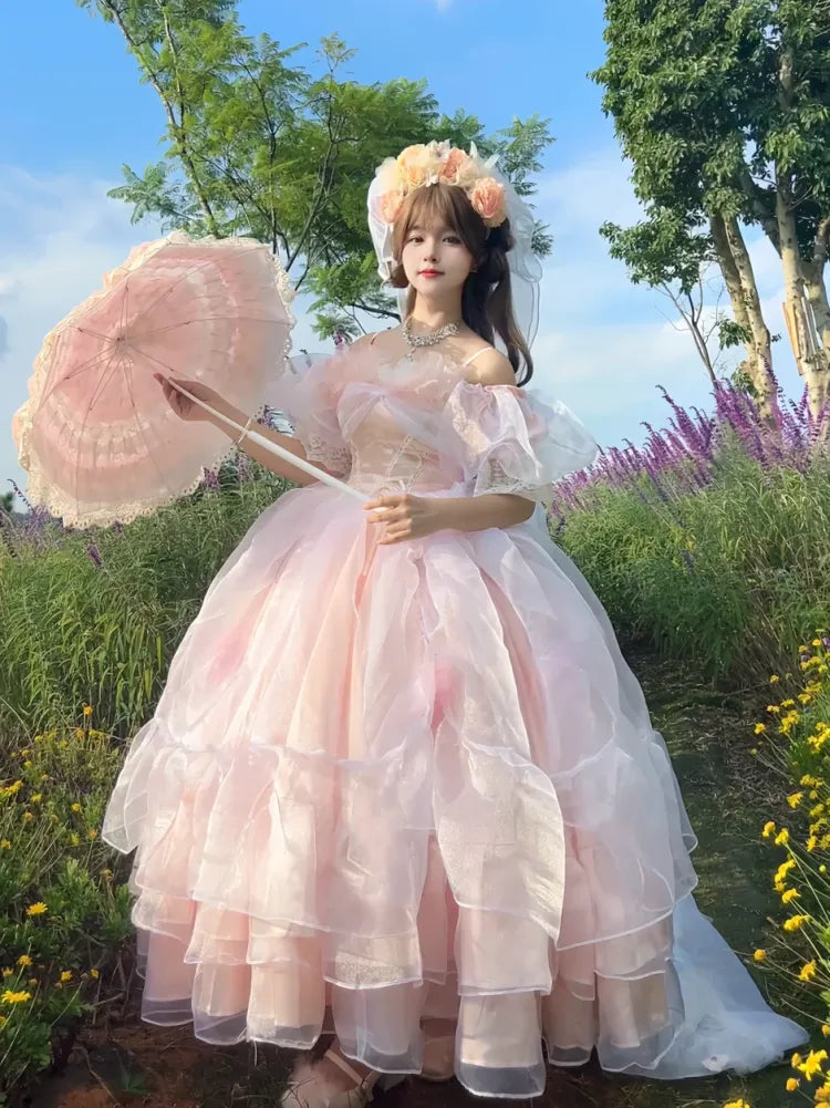 Hanayome Verfügbares rosafarbenes baskisches Taillen-Schnürkleid, wunderschönes Hime-Kleid in Übergrößen