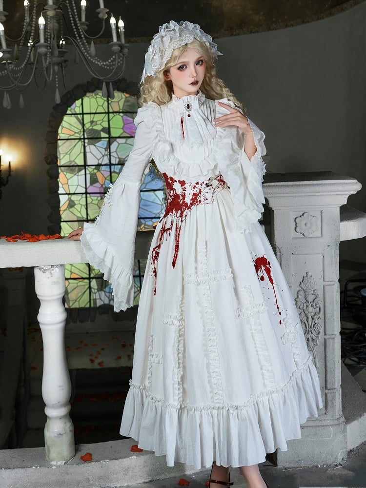 Detachable with White Blood Bead Chains Asymmetrical Gothic Lolita Belt Red Corset Print