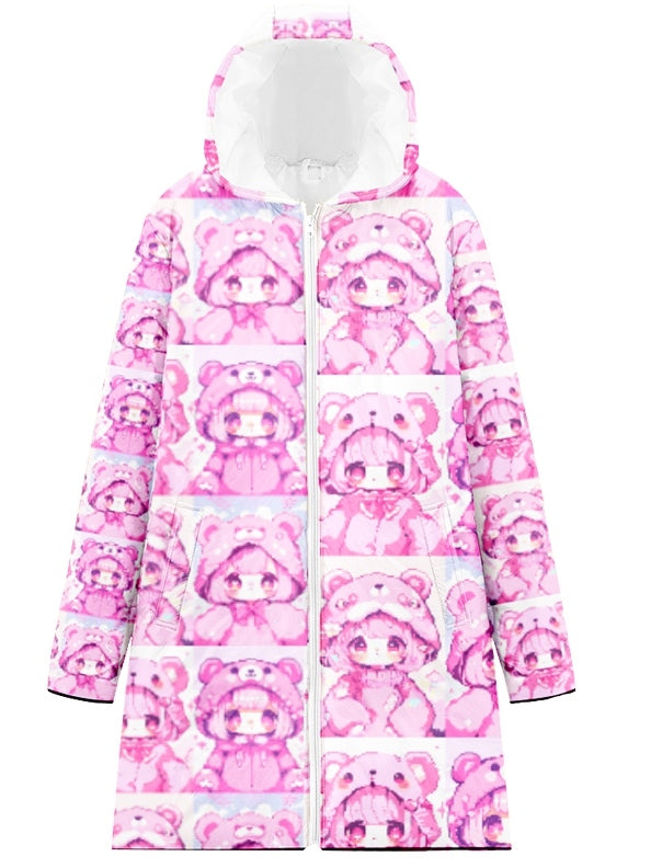 Puffer Jacket Pink Y2K Cartoon Print Hooded