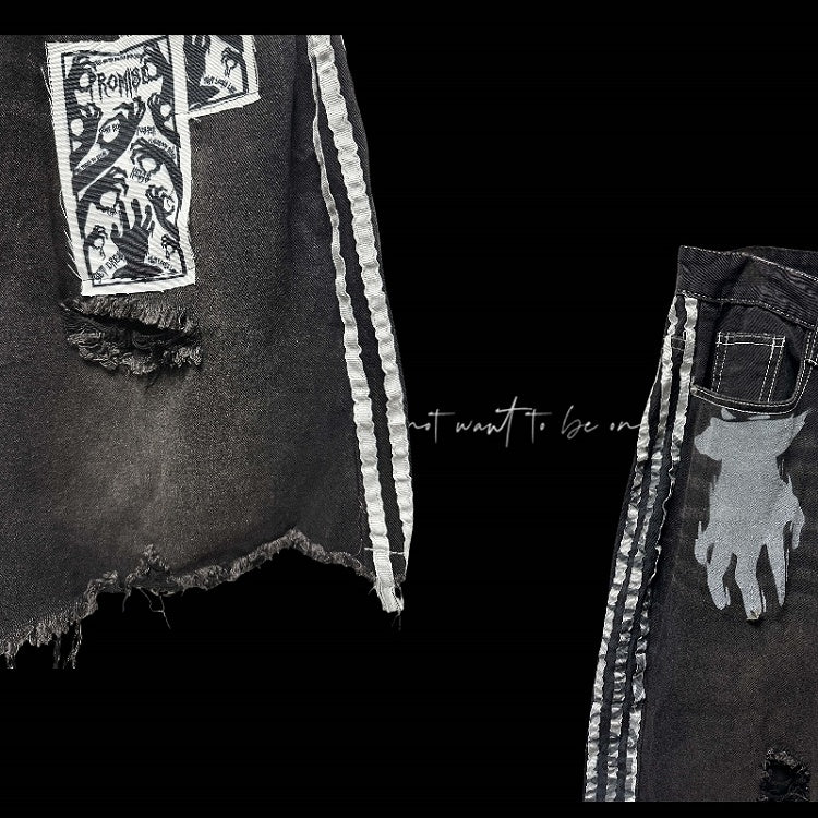 Embellished Distressed Holes Stripes Raw Hem Appliques Black White Denim Shorts