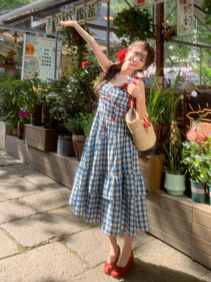 Blue Allover Halter Floral Print Holiday Neck Plaid Dress Sweet