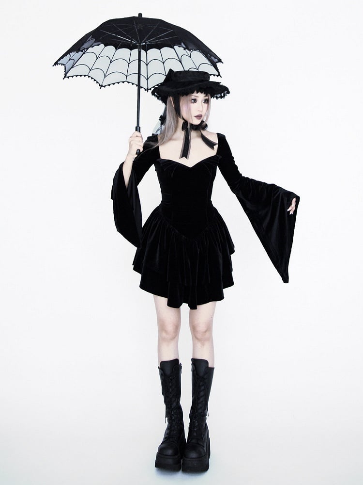 Gothic Black Velvet Bell Sleeves Tiered Skirt Witch Dress
