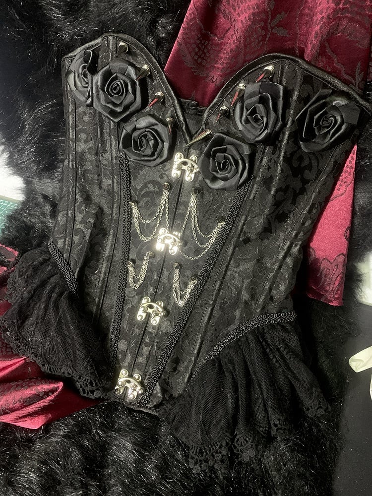Gothic Black Rosette Studs Chain Embellished Boned Corset