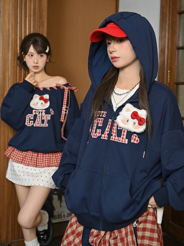 Red Asymmetrical Neckline Kitty Embroidery Applique Navy Plaid Self-tie Sweatshirt Straps at Blue