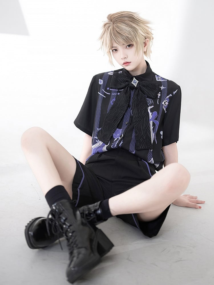 Ouji Fashion Bowtie with Magician Print Rose Summer Shirt and Poker