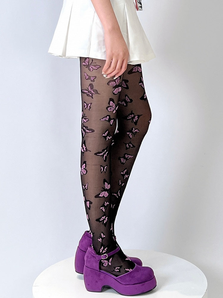 Y2K Butterfly Embroidered Tights Black
