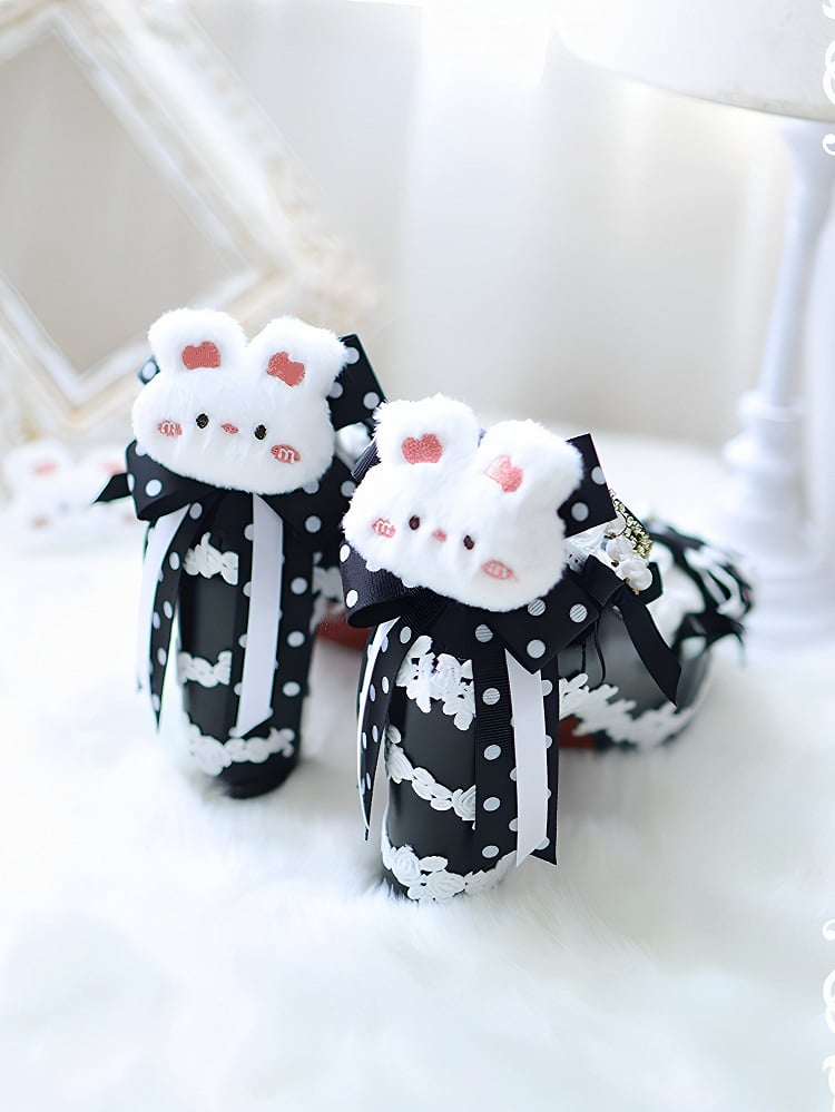 Block Black Lolita Decorated Bunny Bow Plush Shoes 8CM Sweet at Top Heels