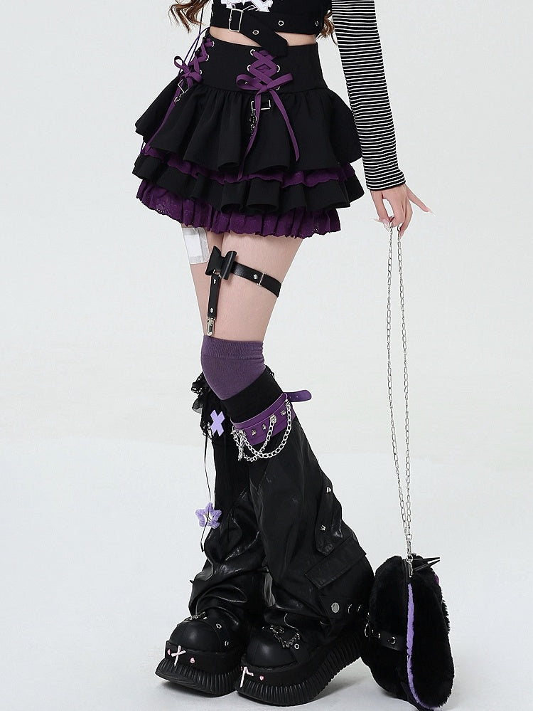 Details Skirt Tiered Waist Purple Y2K at Black and Lace-up